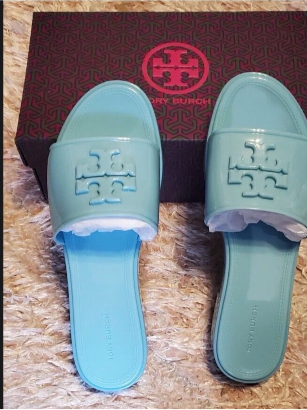 Tory Burch Mint Green Logo Slide Sandals